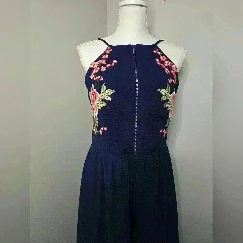 Premier Amour Floral Embroidered Navy Blue Formal Short Romper